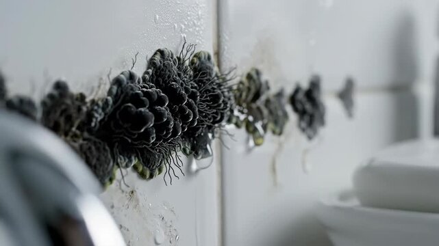 Close up view of black mold growing on a damp white tiled bathroom wall with water droplet drips