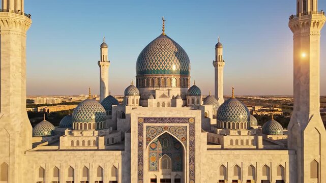 Majestic Mosque Architecture Illuminated by Golden Hour Sunlight.
