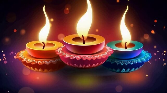 Three colorful oil lamps with flickering flames create a beautiful ambiance, symbolizing light and hope.