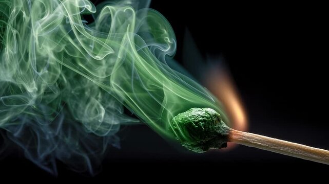 Witness the magic of a green flame igniting in darkness, casting intriguing shapes as it swirls with vibrant smoke. An artistic display of light and color unfolds before your eyes