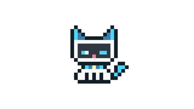 8-bit pixel art charging battery blue robot cat. looped animation 4k 30fps