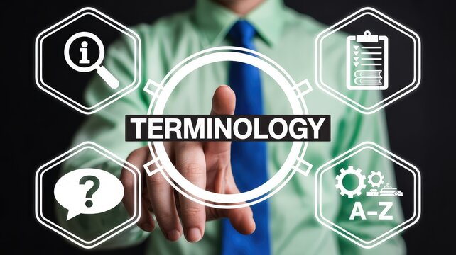 Business professional touches virtual screen showing terminology search and learning icons on dark background