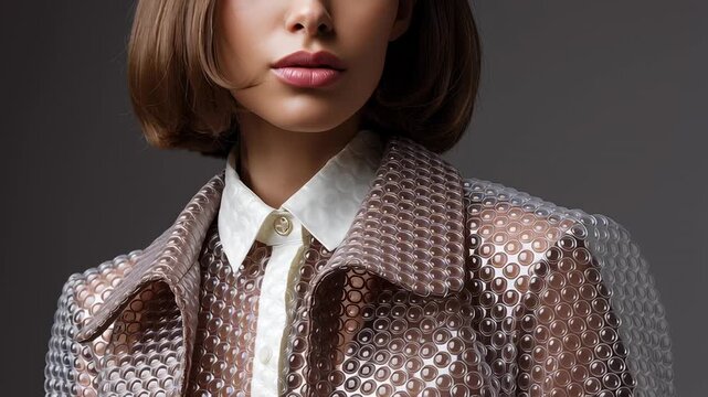 A stunning model presents a unique outfit crafted from transparent bubble wrap, combining modern fashion with a playful twist. The studio lighting highlights the intricate textures and details