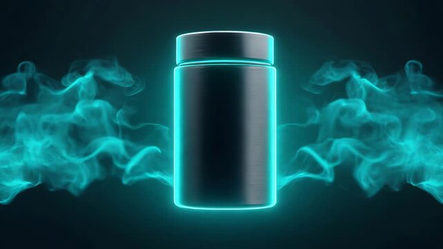 futuristic glowing supplement jar with blue smoke motion and futuristic glowing supplement jar spinning in seamless loop for product advertising