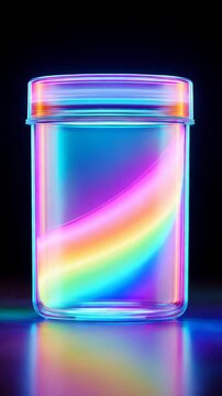 glowing rainbow liquid swirling inside futuristic glass jar, glowing rainbow liquid motion in neon glass jar with vibrant colors, glowing rainbow liquid loop with light reflections and fantasy glass d