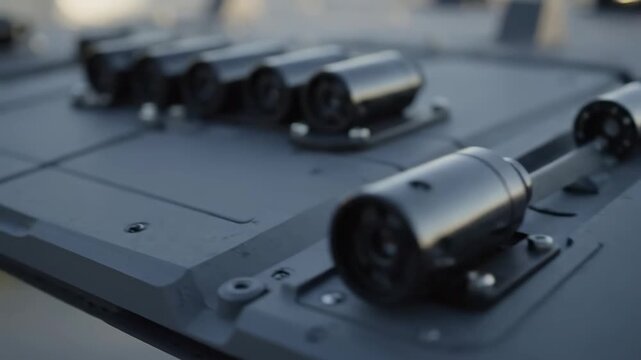 A detailed close-up shot of multiple advanced black cylindrical sensors mounted on a dark grey modular surface.