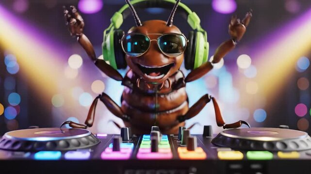 Animated cockroach DJ wearing headphones and sunglasses playing music at disco club, entertaining the party scene.
