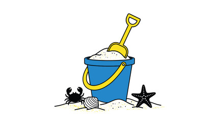 A blue bucket filled with sand a shovel crab and starfish © Tm Studio