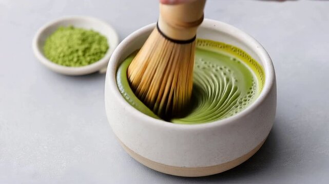 A hand whisking vibrant green matcha tea in a traditional bowl, showcasing the art of Japanese tea preparation.