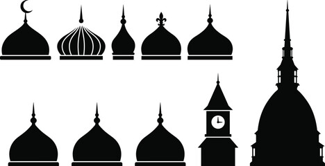 Architectural dome and spire vector illustration set, black silhouettes of religious and historical buildings for heritage and design © Mehebub Creatives
