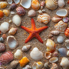 Red Starfish and Various Seashells on a Sandy Beach Keywords: seashell, starfish, beach, photo