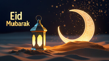  Illuminated Arabic Lantern glowing  eid mubarak banner and text space