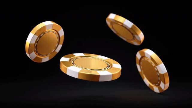 Four golden poker chips floating against a dark background, perfect for illustrating gambling or casino themes.