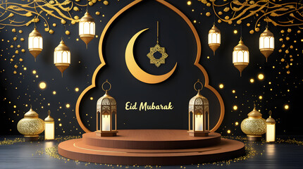 Eid Al Fitr glowing  golden lighting lantern and decorative background with copy space