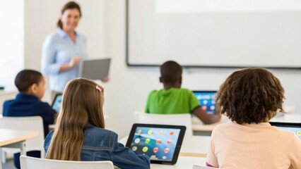 Fototapeta premium A classroom scene with students using tablets, while a teacher guides them, highlighting modern educational methods and technology integration in learning.