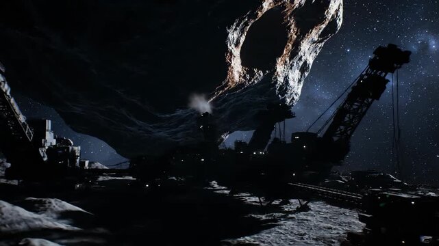 A detailed view of a futuristic asteroid mining operation with heavy machinery extracting resources in deep space.