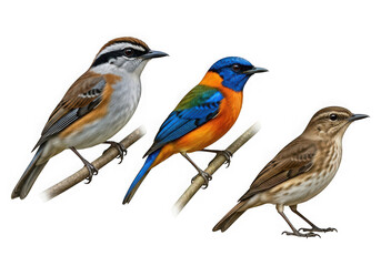 Fototapeta premium Three birds perched on branches with different plumage