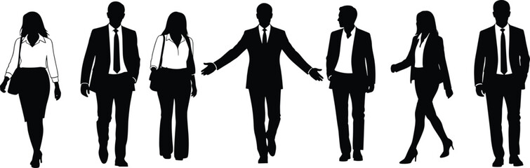 Diverse professional business people silhouettes walking together, corporate leadership team in suits for office career success and urban networking concept