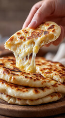 Festive indian cuisine: close up of a hand tearing gooey cheese stuffed bread