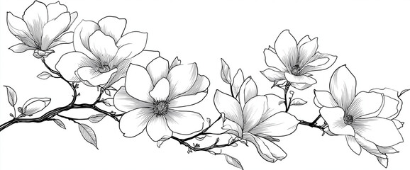 a simple line drawing of flowers and leaves on the right side, black lines, white background, vector illustration style, flat design, magnolia flower branch, simple stroke details, hand-drawn style, c © Mushraf