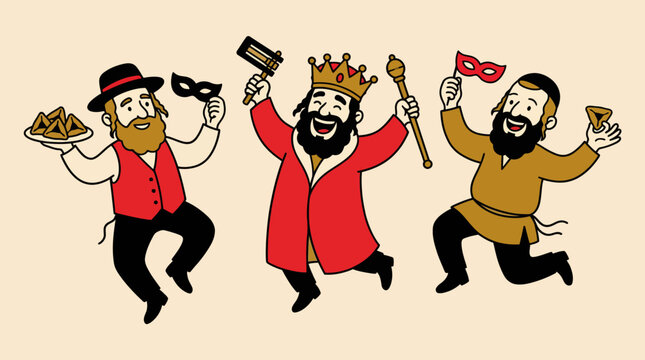 Jumping Purim Celebration Vector Illustration with Costumes, Hamentaschen, Masks, and Gragger Noisemaker