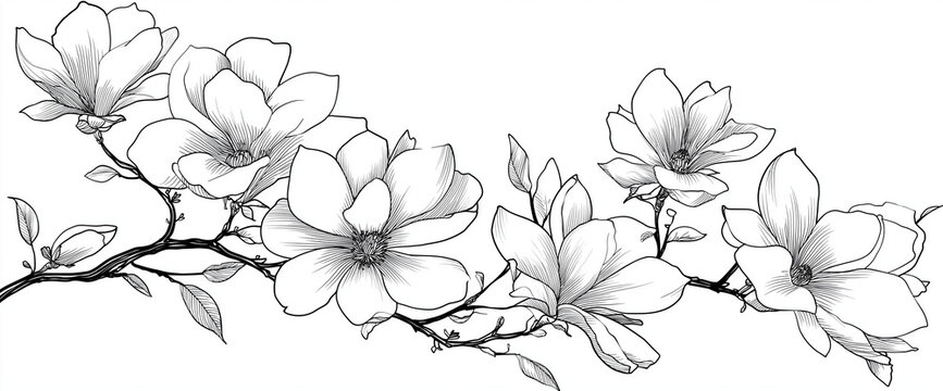 a simple line drawing of flowers and leaves on the right side, black lines, white background, vector illustration style, flat design, magnolia flower branch, simple stroke details, hand-drawn style, c
