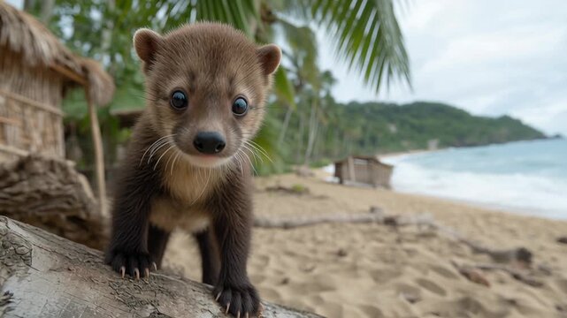 A charming faultier ventures out on a warm, sandy beach. The small animal curiously investigates its beautiful surroundings, with gentle waves lapping nearby and lush greenery in the background