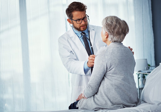 Old woman, doctor or stethoscope exam in clinic for lung assessment, respiratory concern or checkup. Health stress, professional and senior patient with pulmonary analysis for COPD diagnosis or space