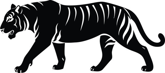 Obraz premium Intense black tiger silhouette featuring stylized stripes and visible fangs, walking purposefully on white