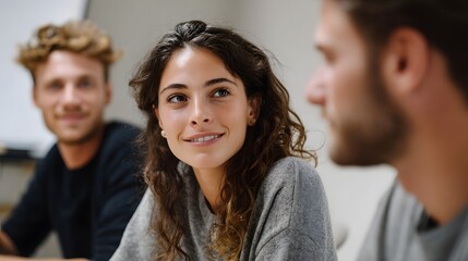 Fototapeta premium Three colleagues in a meeting room engaged in a collaborative discussion fostering a positive work environment