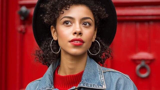 A fashionable woman with a black hat and bright red lipstick smiles softly, standing against a vivid red door. Her denim jacket complements the cheerful atmosphere of the sunny day