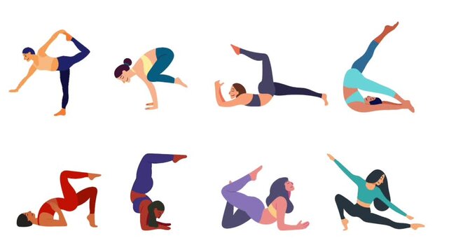 Eight diverse women practicing various advanced yoga poses on a white background