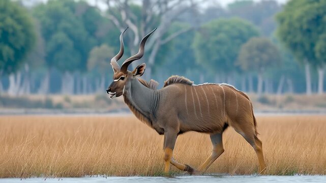 In the heart of the savannah, an adult kudu moves elegantly through tall grass, showcasing its majestic horns and stunning coat against a vibrant landscape