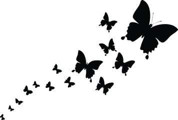 Numerous black butterfly silhouettes flying in a graceful upward diagonal path on white