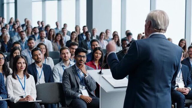 Senior man speaker giving seminar to audience. Diverse attendees listen to businessman at conference. Group business training.