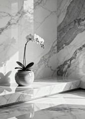 Elegant Orchid in Pot on Marble Surface with Soft Shadows and Modern Design Elements
