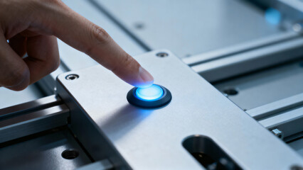 Close-up of a Hand Pressing a Blue Illuminated Button on a Metal Surface
