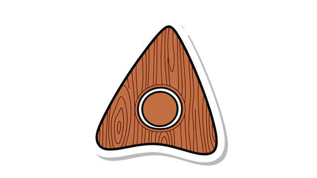 Decorative wooden ouija board planchette sticker illustration featuring detailed wood grain texture and a viewing hole.