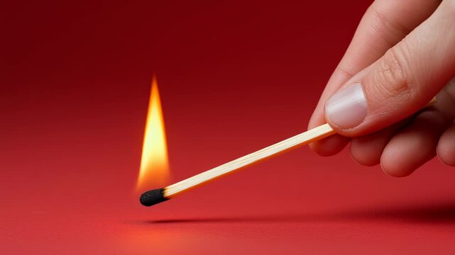A closeup reveals the beauty of a match igniting, illuminating its surroundings with warm light. The rich red backdrop enhances the fiery glow, creating a mesmerizing visual effect