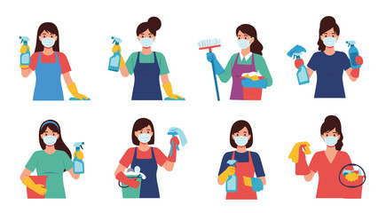 Fototapeta premium Set of eight female cleaning service professionals wearing face masks and holding various effective cleaning tools.