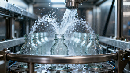 Water Filling Process in Industrial Bottling Plant with Glass Containers and Machinery