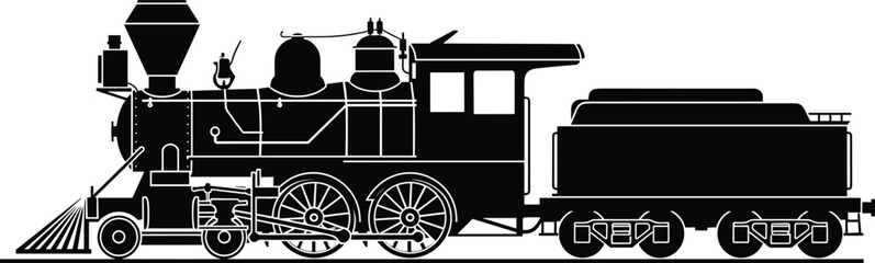 Vintage Steam Locomotive Train Silhouette and Antique Railway Engine Icon Isolated on White Background for Industrial History Transportation and Retro Travel Design Concept © MdAnowarHossain