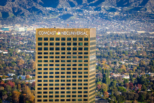 Scenic aerial view of Hollywood Comcast NBCUniversal building on summer day