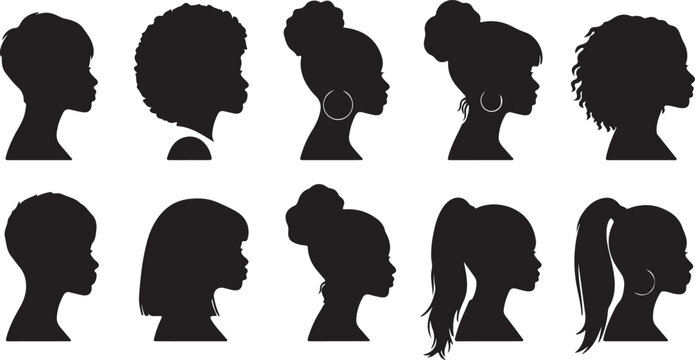 Silhouettes of diverse hairstyles showcasing various haircuts and braids