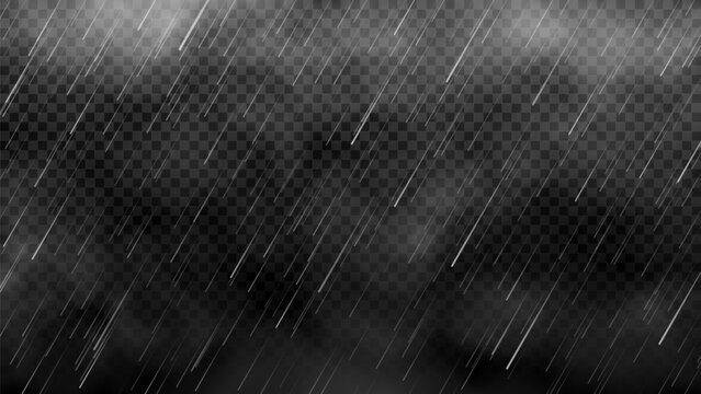 Vector rainy weather overlay effect. Pouring rain and white clouds isolated on dark background. Realistic cloudy and rainy effect. Vector illustration of summer or autumn atmospheric precipitation.