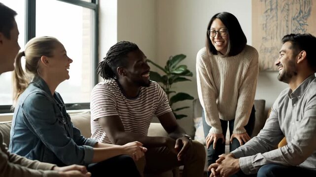 A diverse group of young adults engaging in lively conversation, sharing ideas and laughter in a modern setting.