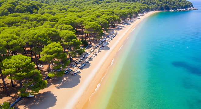 Bird's eye view of Skiathos island Koukounaries beach golden sand and pine trees