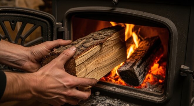 Firewood is placed into a wood stove to create warmth during a cold evening