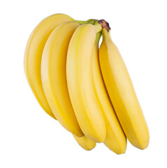 Bunch of ripe, yellow bananas with smooth skin and a brown stem, isolated on a white background