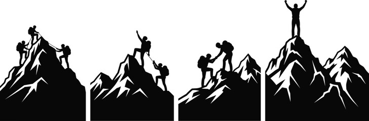 Mountain Climbing Silhouette Set Group of People Hiking to Peak Success Teamwork Concept Isolated on White CAD Drawing Flat Vector Illustration